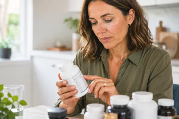 Woman checking the ingredient label of a menopause supplement before taking it.