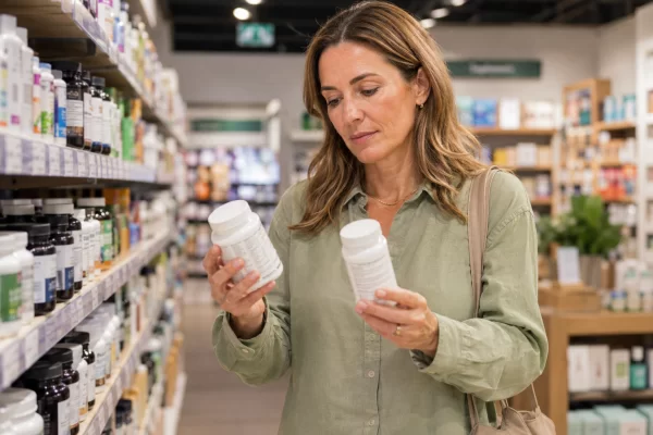 Woman checking the ingredient label of a menopause supplement before taking it.