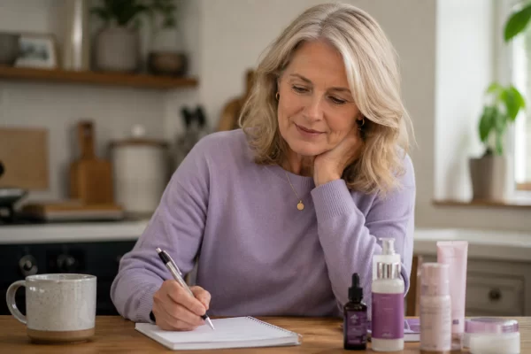 Woman writing an honest product review at her kitchen table for The Menopause Network Review Panel