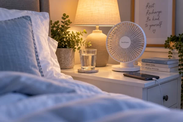 A bedside table at night with a small fan, a glass of water and soft lamp light, cool-toned bed linen in the foreground