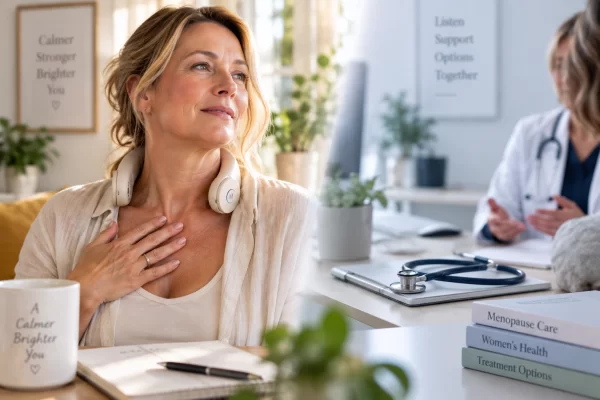 A soft, split-style image contrasting a moment of warmth at the collarbone with a softly blurred GP consultation desk