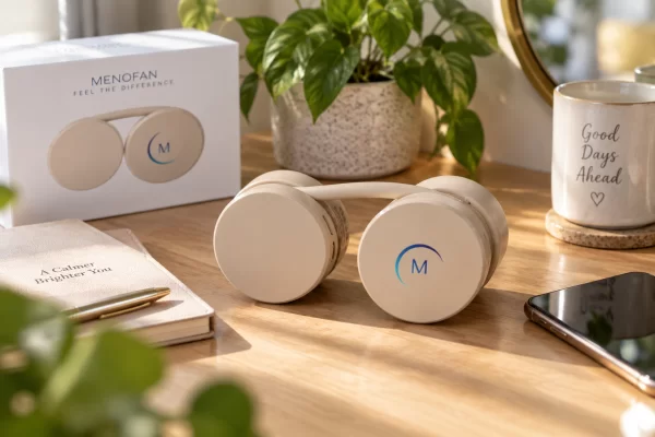The MenoFan neck fan resting on a light wooden surface beside a phone and small houseplant, softly lit
