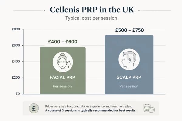 Illustrated bar chart comparing typical UK price ranges for facial PRP and scalp PRP treatments per session