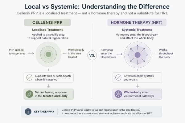 Illustrated diagram contrasting a localised treatment pathway with a systemic, body-wide pathway, representing the difference between PRP and HRT