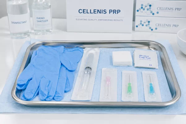 Sterile equipment, gloves and single-use needles laid out neatly on a tray in a clean clinical setting